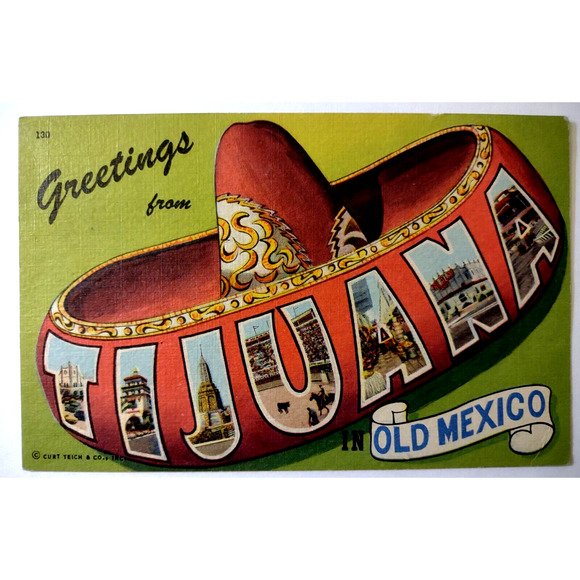 Greetings From Tijuana Old Mexico Large Letter Postcard Linen Sombrero Hat - Picture 1 of 2